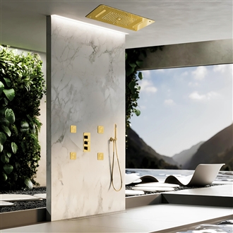 Novara Polished Gold Thermostatic Recessed Ceiling Mount LED Waterfall Mist Rainfall Shower System with Jetted Body Sprays and Hand Shower