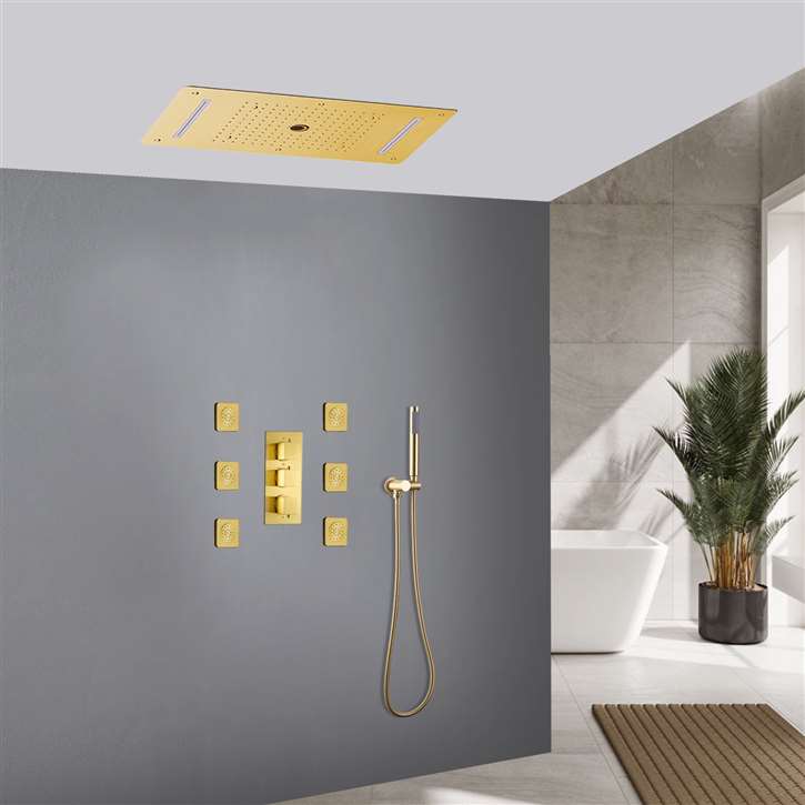 Varese Brushed Gold Thermostatic Elegant Recessed Ceiling Mount LED Waterfall Mist Rainfall Shower System with Handheld Shower and Jetted Body Sprays