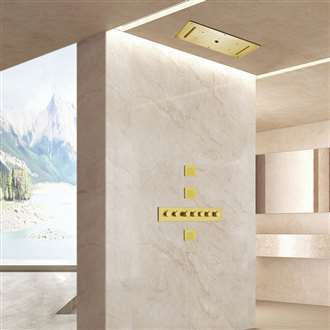 Casoria Brushed Gold Stylish Thermostatic Recessed Ceiling Mount LED Waterfall Mist Rainfall Shower System with Handheld Shower and Jetted Body Sprays