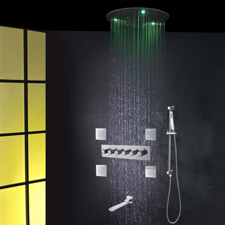 Acerra Chrome Polished LED Thermostatic Recessed Ceiling Mount LED Rainfall Waterfall Shower System with Handheld Shower and Jetted Body Sprays