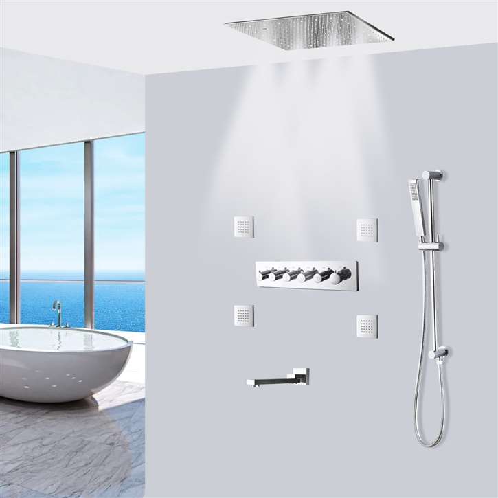 Modica Chrome Polished Thermostatic Ceiling Mount Rainfall Shower System with Hand Shower and Jetted Body Sprays