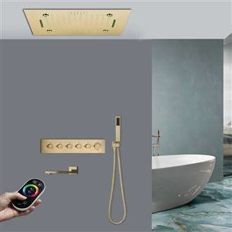 Fondi 20" Remote Controlled Brushed Gold Thermostatic Recessed Ceiling Mount LED Waterfall Rainfall Musical Shower System with Hand Shower