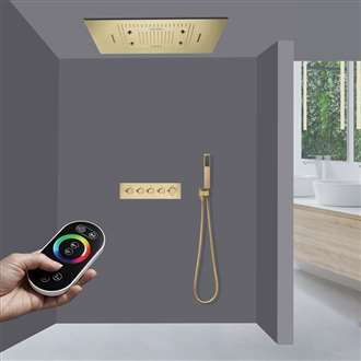 Novara Thermostatic Remote Controlled Brushed Gold Musical Recessed Ceiling Mount Mist Waterfall Rainfall Shower System with Hand Shower