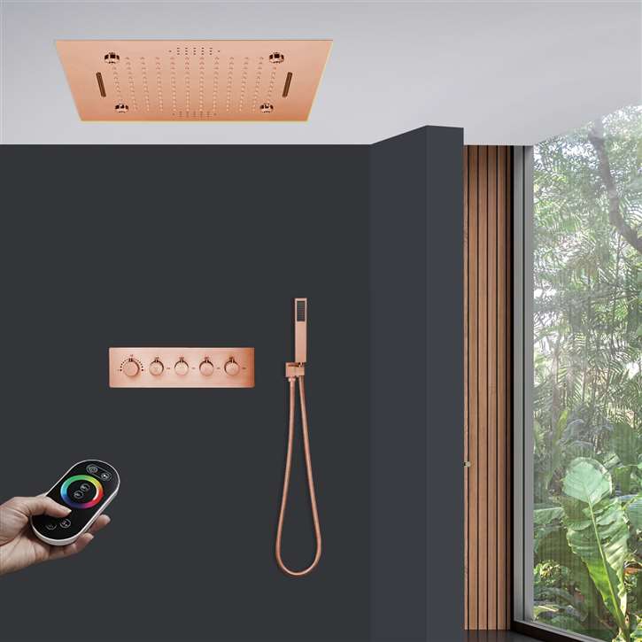 Livorno Rose Gold Thermostatic Remote Controlled Musical Recessed Ceiling Mount Mist Waterfall Rainfall Shower System with Hand Shower