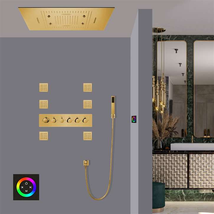 Avellino Waterfall Rainfall Mist Thermostatic LED Remote Controlled Recessed Ceiling Gold Mount Gold Shower System with Jetted Body Sprays and Handheld Shower