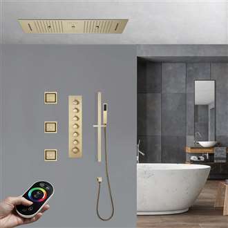 Varese Brushed Gold Remote Controlled Thermostatic LED Recessed Ceiling Mount Waterfall Rainfall Water Column Mist Shower System with Hand Shower and 3 Jetted Body Sprays