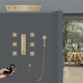 Prato Remote Controlled Thermostatic LED Recessed Ceiling Mount Brushed Gold Rainfall Waterfall Water Column Mist Shower System with Round Hand Shower and 6 Jetted Body Sprays