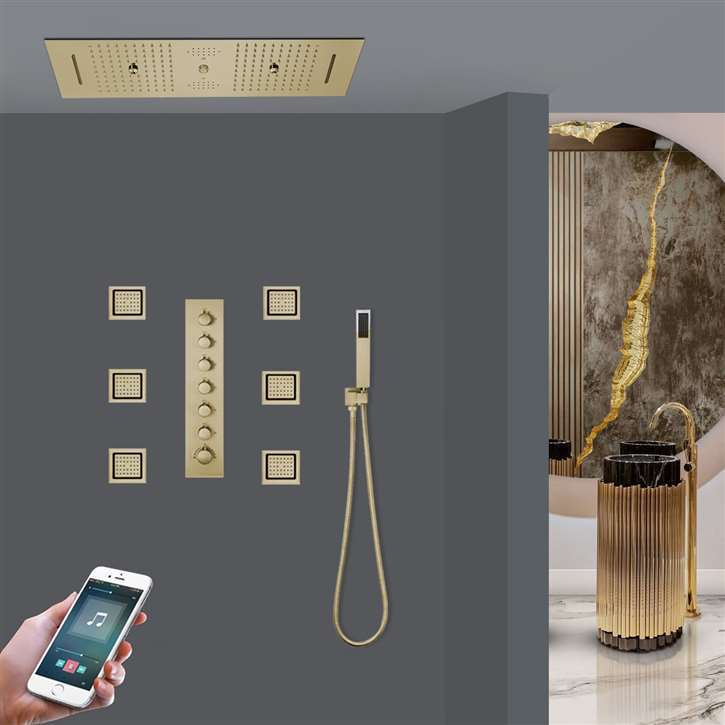 Sarno Phone Controlled Thermostatic LED Recessed Ceiling Mount Brushed Gold Rainfall Waterfall Water Column Mist Shower System with Square Hand Shower and Jetted Body Sprays