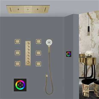 Cesena Thermostatic Waterfall Rainfall Water Column Mist LED Touch Panel Controlled Ceiling Brushed Gold Mount Shower System with 6 Jetted Body Sprays and Handheld Shower