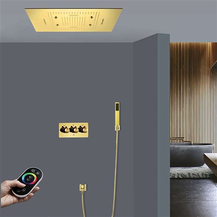 Terni Remote Controlled Thermostatic LED Recessed Ceiling Mount Polished Gold Rainfall Waterfall Mist Hot and Cold Shower System with Square Hand Shower