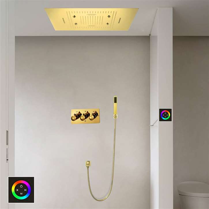 Arezzo LED Touch Panel Controlled Thermostatic Recessed Ceiling Mount Polished Gold Rainfall Mist Waterfall Hot and Cold Shower System with Square Hand Shower