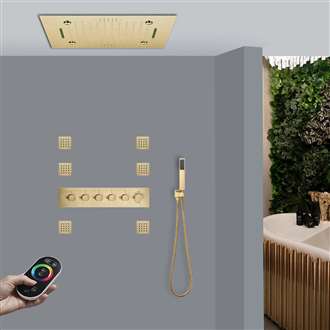 Tivoli LED Musical 20" Remote Controlled Thermostatic Recessed Ceiling Mount Brushed Gold Rainfall Mist Waterfall Shower System with Hand Shower and Body Jets