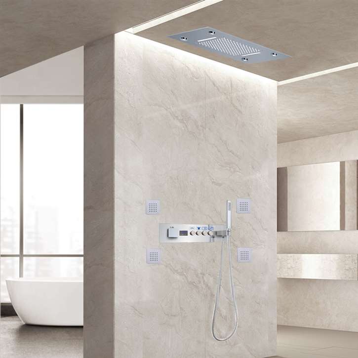 Rome Chrome LED Thermostatic Recessed Ceiling Mount LED Waterfall Rainfall Shower System with Jetted Body Sprays and Hand Shower