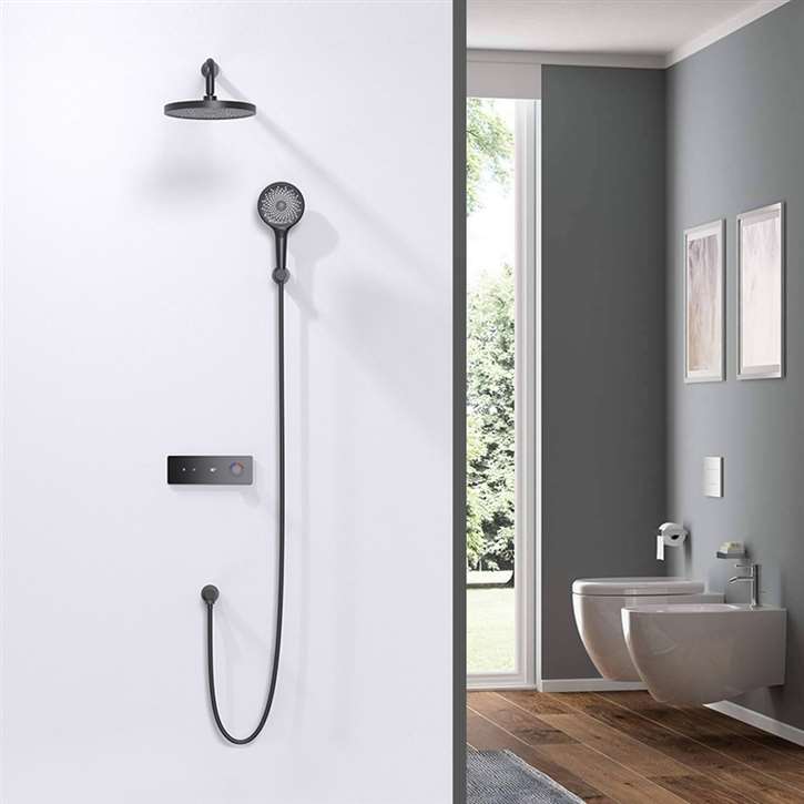 Fontana Novarra Matte Black Wall Mount Round Rainfall Shower System with Hand Shower and Digital Shower Mixer