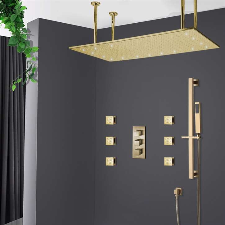 Saint Denis Large Brushed Gold LED Rain Shower Head with Body Jets & Handheld Shower