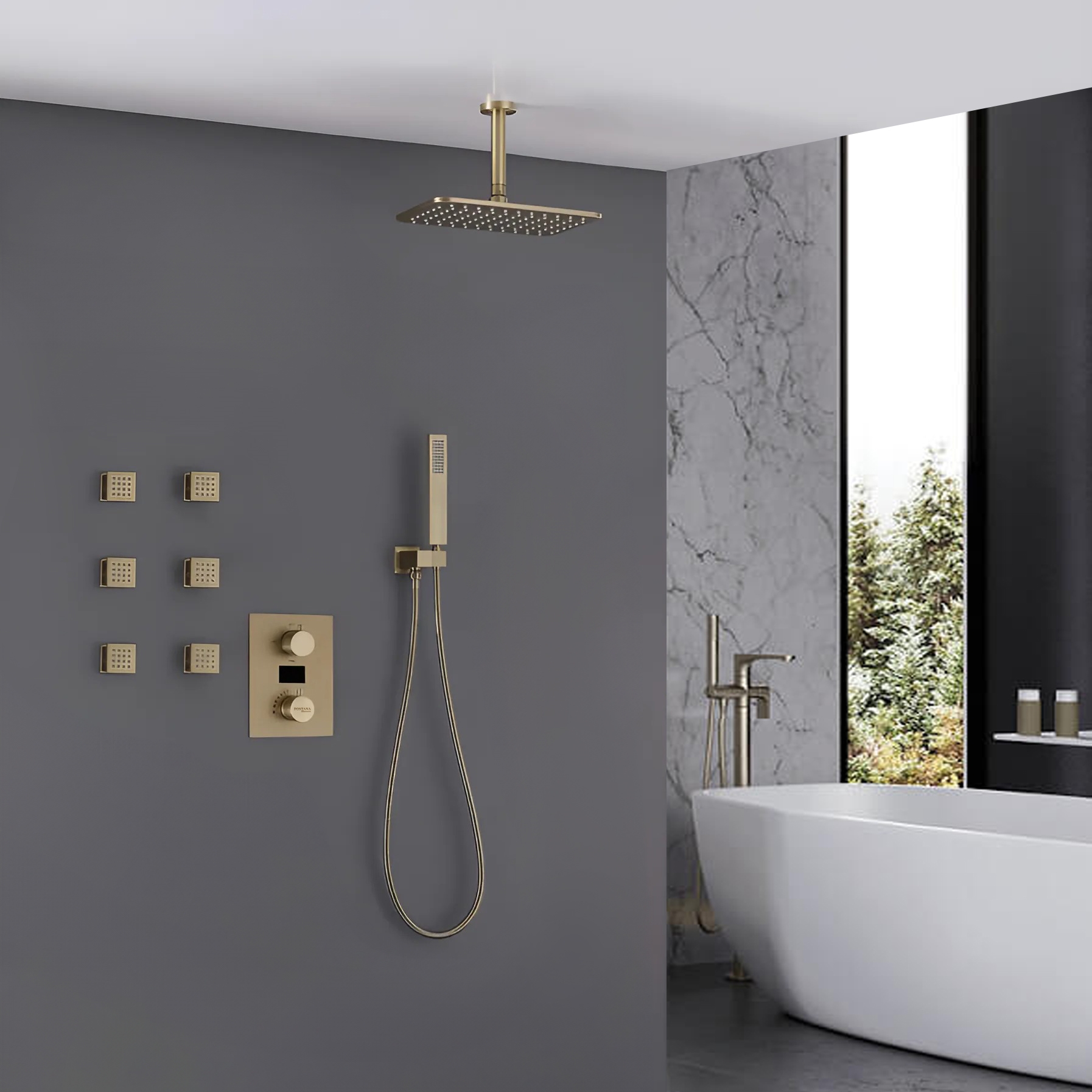 Fontana Brushed Gold Thermostatic Shower Mixer Set Featuring 6 Body ...