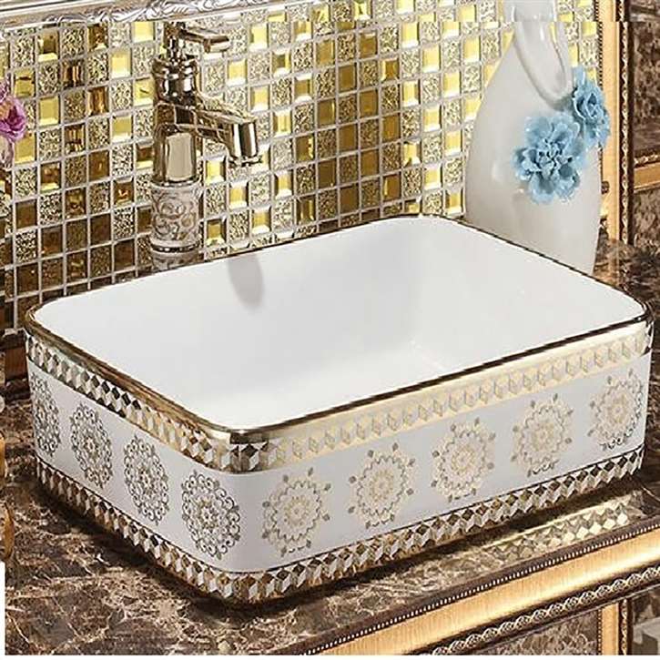 Round Mosaic Tile Vessel Sink | Gem Countertop store WashBasin with Overflow | Mosaica Verde Gem Gold Trim