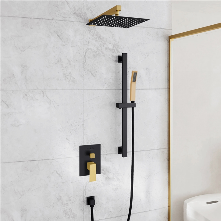 Fontana Alpes-Maritimes Matte Black and Gold Wall Mount Shower Set