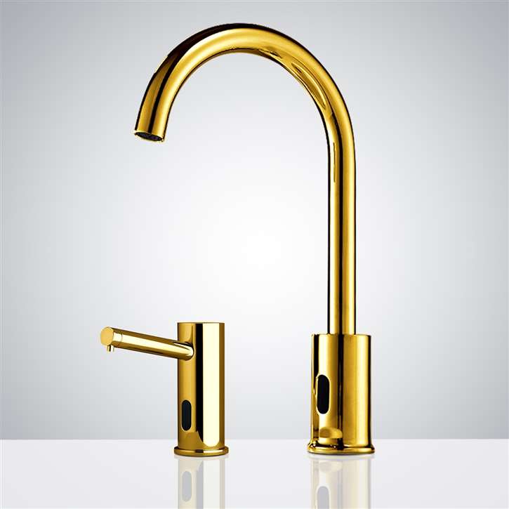 Fontana Gooseneck Dual Commercial Automatic Sensor Faucet and Soap Dispenser in Gold