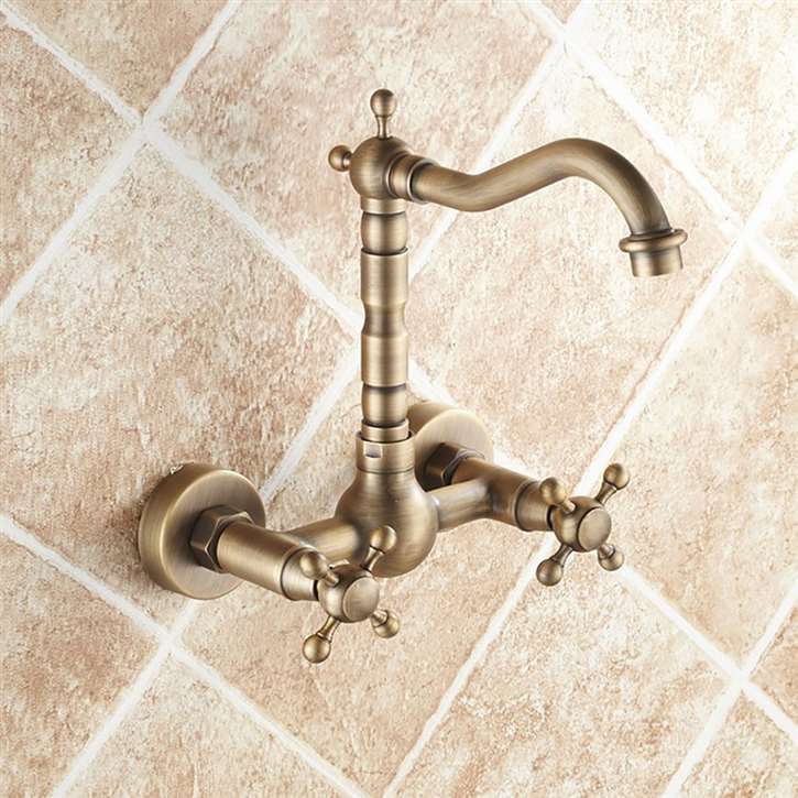 Bari Dual Handle Antique Brass Wall Mounted Kitchen Faucet