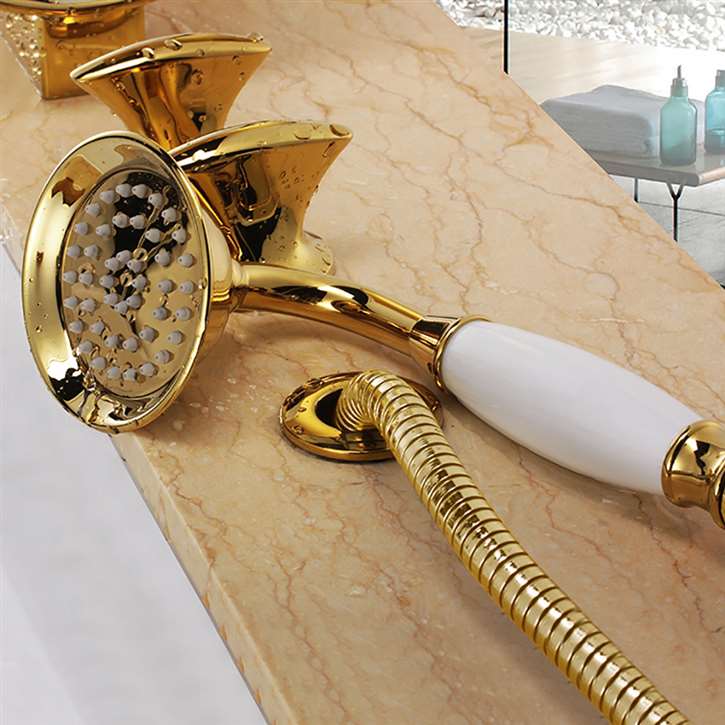 Deck mounted gold store faucet with hand shower