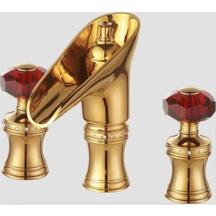 Trento Wine Red Dual Handle Crystal Knob Gold Finish Bathroom Faucet