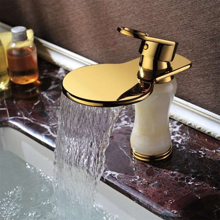 Marche Jade Single Handle Gold Deck Waterfall Deck Mounted Bathroom Faucet