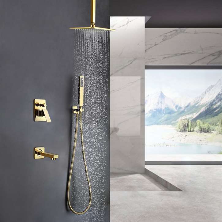 L'Aquila Brass Gold Tone Shower Set Ceiling Mount - 3 Way Valve Mixer with Tub Spout Hand Shower