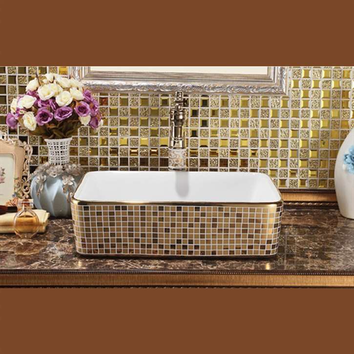 Florence Mosaic Gold Rectangular Ceramic Bathroom Sink