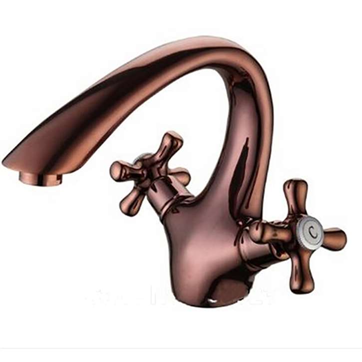 Euro Style Bathroom Basin Sink Faucet Rose Golden Finish Mixer Tap Dual Handles One Hole Deck Mount