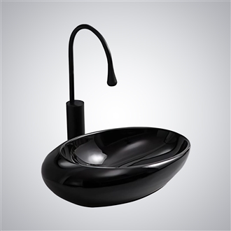 Fontana Lunel Glossy Black Marble Bathroom Vessel Sink and Touchless Motion Sensor Faucet