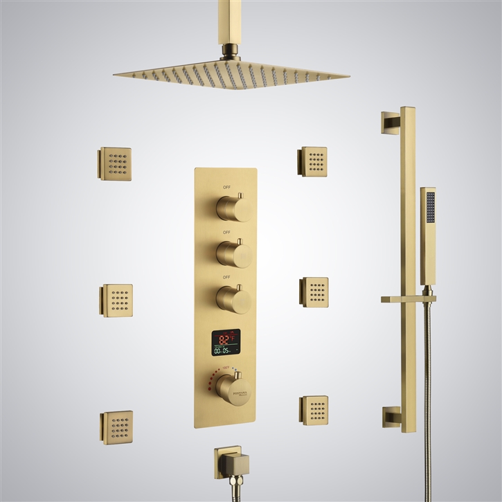 Fontana Riva Brushed Gold Three Function Thermostatic Digital Display Shower Set