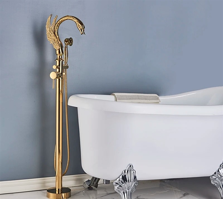 Fontana Vigone Gold Freestanding Swan Shape Bathtub Faucet with Hand Shower