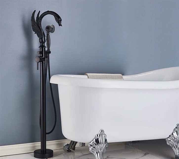 Fontana Vigone Matte Black Freestanding Swan Shape Bathtub Faucet Single Handle With Handshower