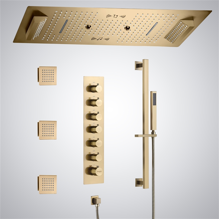 Fontana Soissons Brushed Gold LED 6 Function Music Luxury Shower Set With Thermostatic