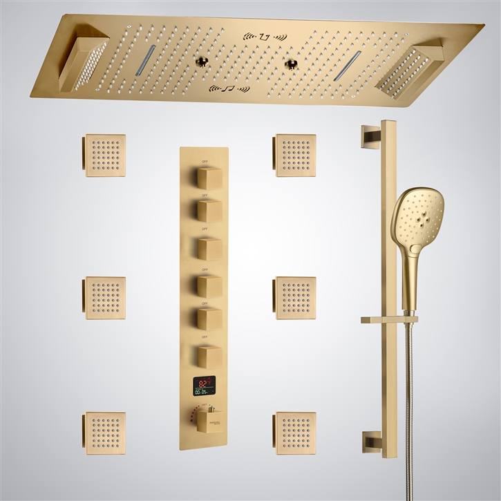 Fontana Saint-Lo Brushed Gold 6 Functions Thermostatic LED Digital Display Shower Set With Music