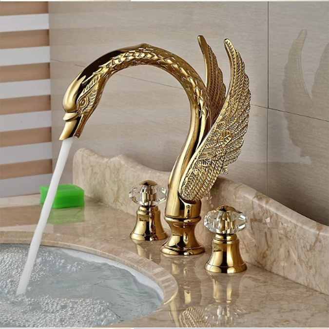 Milano Gold Swan Shaped Dual Handle Bathroom Sink Faucet