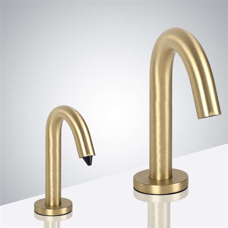 Fontana Peru Goose Neck Brushed Gold Finish Freestanding Dual Automatic Commercial Sensor Faucet And Soap Dispenser