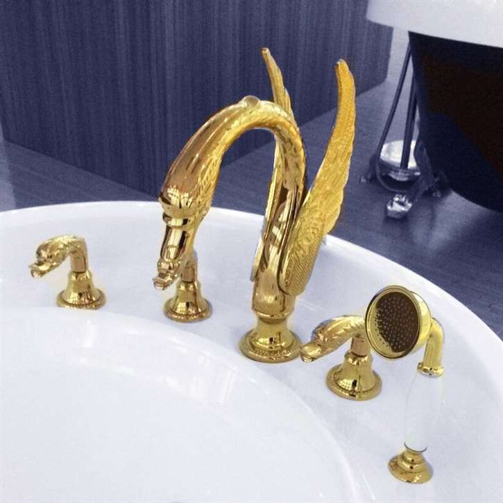 Fontana Swan Neck Gold Finish Waterfall Bathtub Faucet